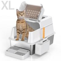 XL Stainless Steel Litter Box with Lid, XL Extra Large Enclosed Cat Litter Box for Big Cats, 110° Flip Cover, Top Entry, Ant...