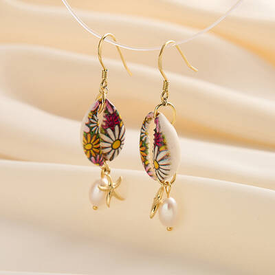 S925 Sterling Silver Shell Shape with Starfish Dangle Earrings