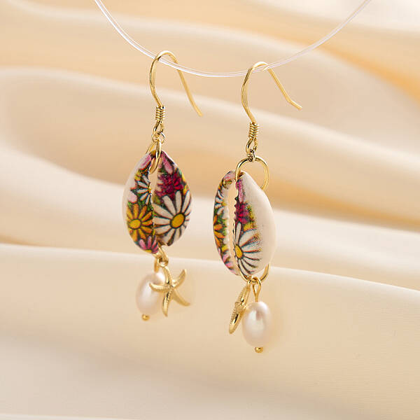 S925 Sterling Silver Shell Shape with Starfish Dangle Earrings