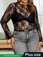 【Plus Size】 Floral Lace Sheer Tee, Casual Long Sleeve T-shirt for Summer, Women's Plus Longsleeves Clothing for Daily Wea...