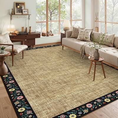 Garvee Bordered Yellow 10x13 Machine Washable Floral Area Rug Low Pile Soft Faux Wool Non-Slip TPR Backing Lightweight Foldab...
