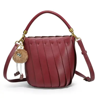 CKSO Burgundy Leather Bucket Bag: Premium Handbag with Top Handle & Adjustable Crossbody Strap - Cute Pom-Pom Charm Decor, St...