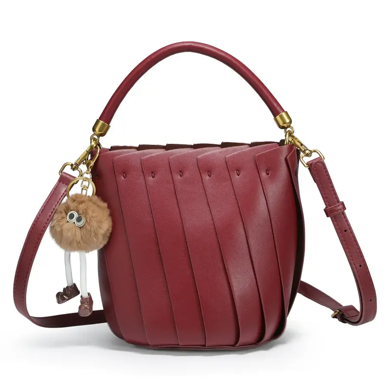 CKSO Burgundy Leather Bucket Bag: Premium Handbag with Top Handle & Adjustable Crossbody Strap - Cute Pom-Pom Charm Decor, St...