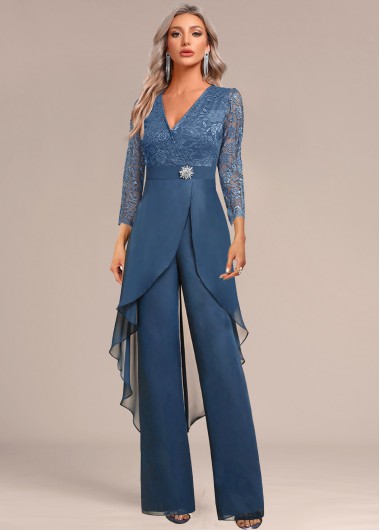 Modlily Peacock Blue Lace Long Three Quarter Length Sleeve Jumpsuit - XL