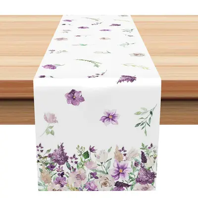 Purple Floral Green Leaf Simple Fabric Table Runner - Aperturee
