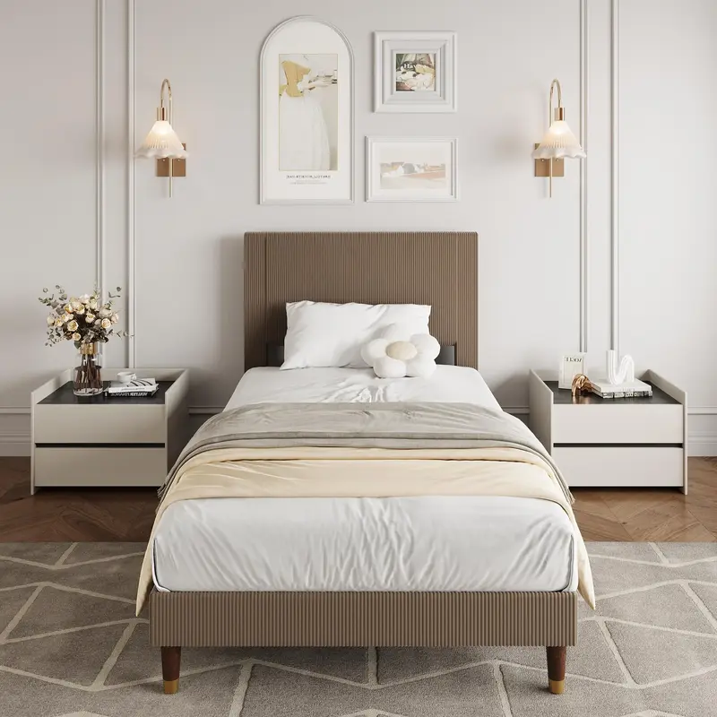 Garvee Twin Size Bed Frame with Upholstered Headboard and Strong Wooden Slats Support, Soft Corduroy Fabric Platform Bed, No ...