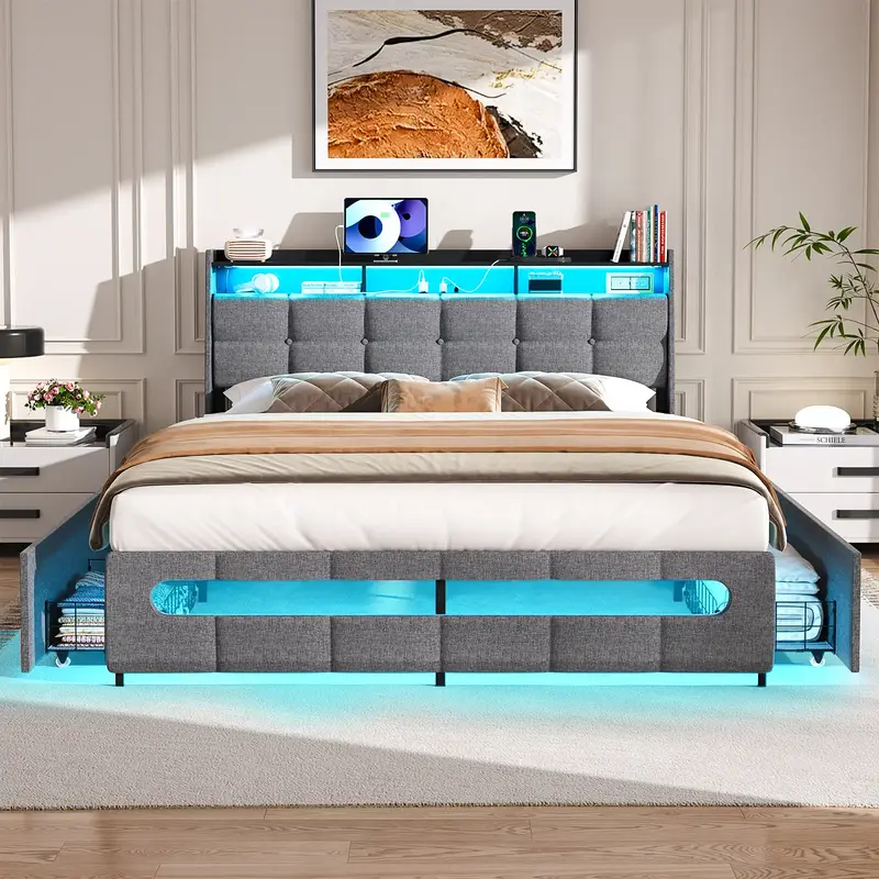 Cyclysio Queen/Full/Twin Size Bed Frame with Headboard & 4 Drawers, LED Bed Frame with Charging Station, Upholstered Bed with...