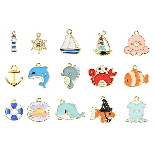 15Pcs 15 Styles Alloy Enamel Pendants