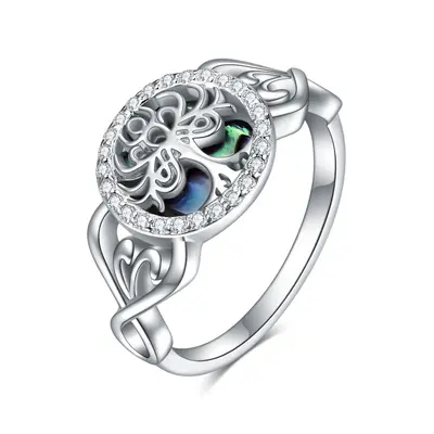 Sterling Silver Round Shaped Abalone Shellfish Tree Of Life Ring