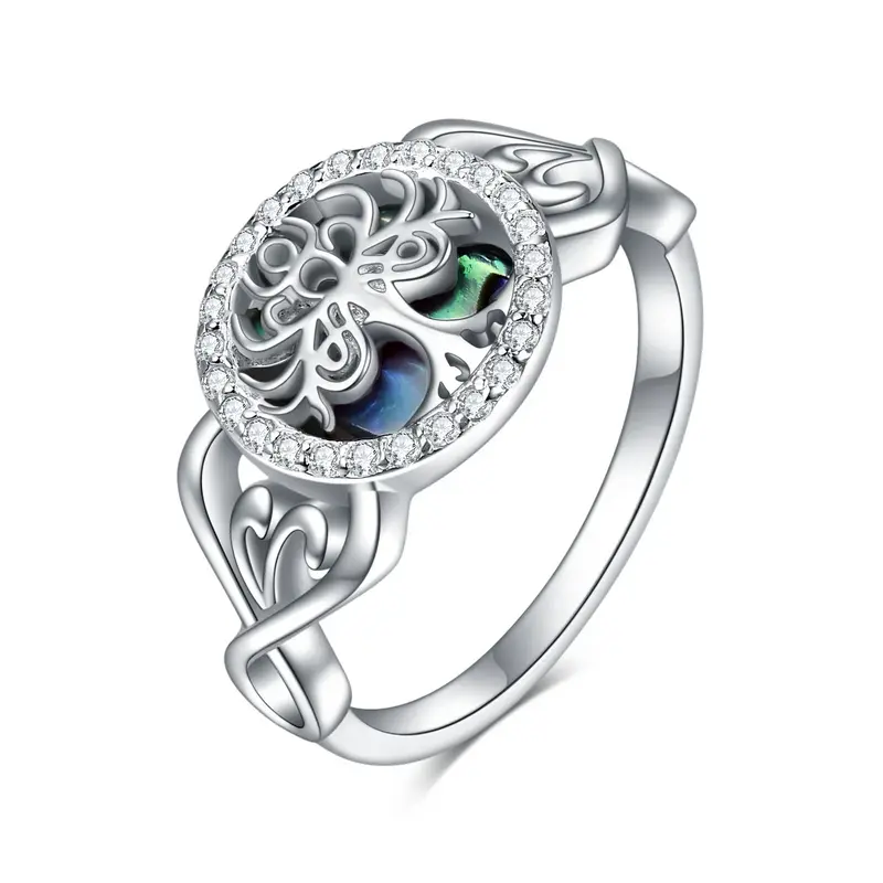 Sterling Silver Round Shaped Abalone Shellfish Tree Of Life Ring