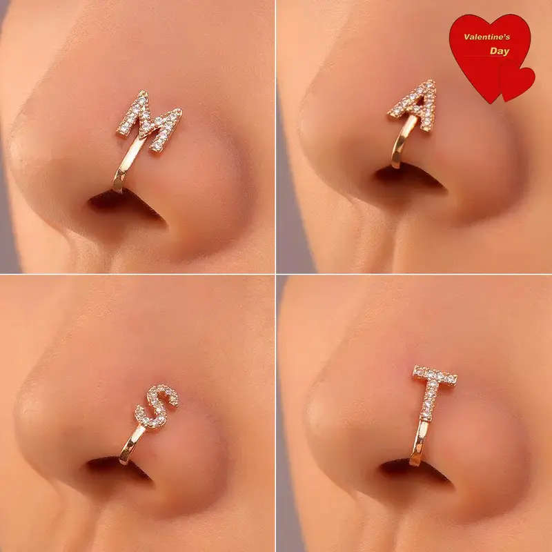 1 Piece A-Z LETTER  Design Non-pierced Nose Clip, Rhinestone Inlaid Decorative Nose Ring, Fashionable Personality Accessories...