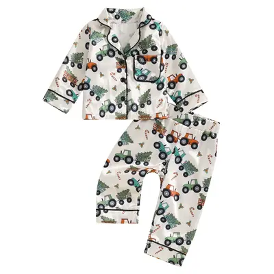 Toddler Baby Boys Christmas Pajamas Set Truck Tree Print Button Long Sleeves Shirt with Pants Xmas Sleepwear Loungewear Kids ...