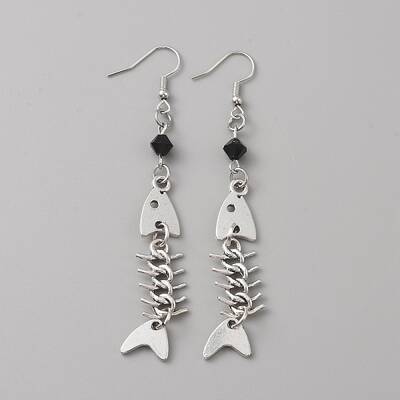 Alloy Fishbone Long Dangle Eararings with Glass Beaded for Women