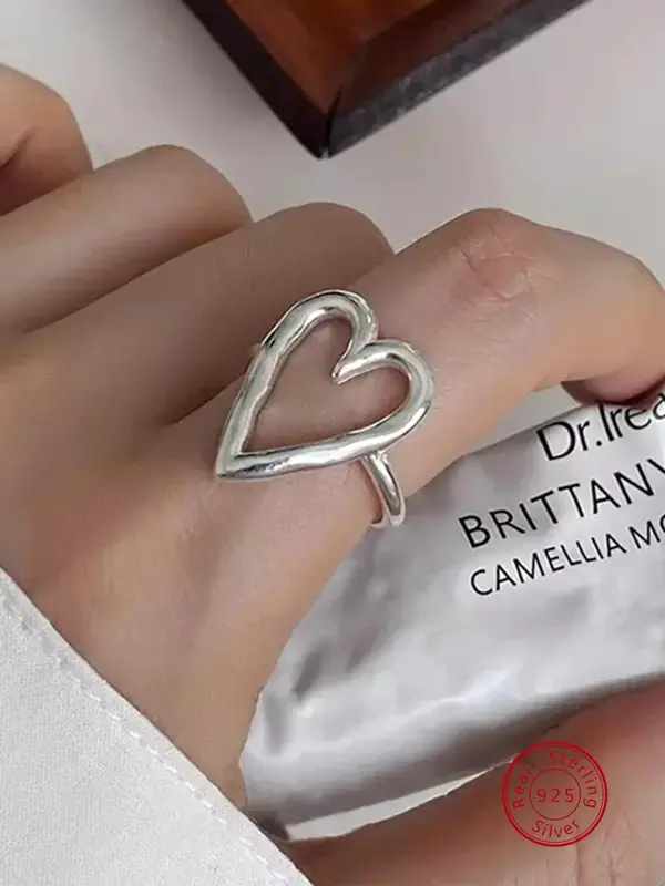 925 Sterling Silver Irregular Heart Design Cuff Ring, Adjustable Open Ring for Women, Fashion Jewelry Accessories for Party, ...
