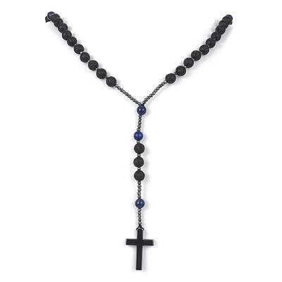 Natural Lapis Lazuli & Lava Rock & Synthetic Hematite Rosary Bead Necklaces