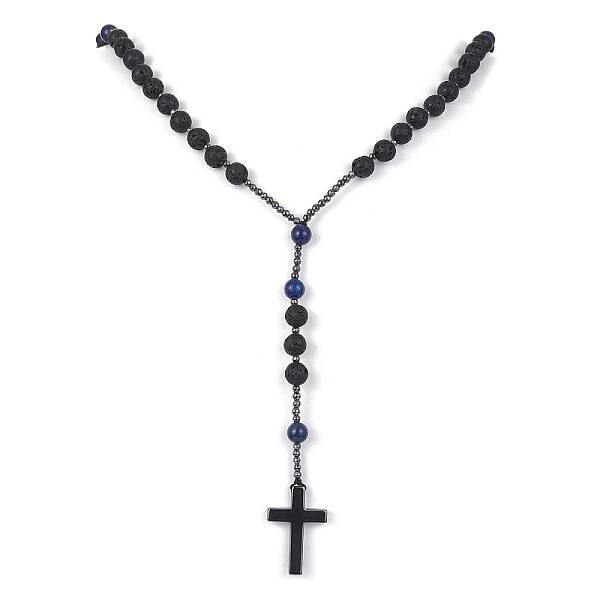 Natural Lapis Lazuli & Lava Rock & Synthetic Hematite Rosary Bead Necklaces
