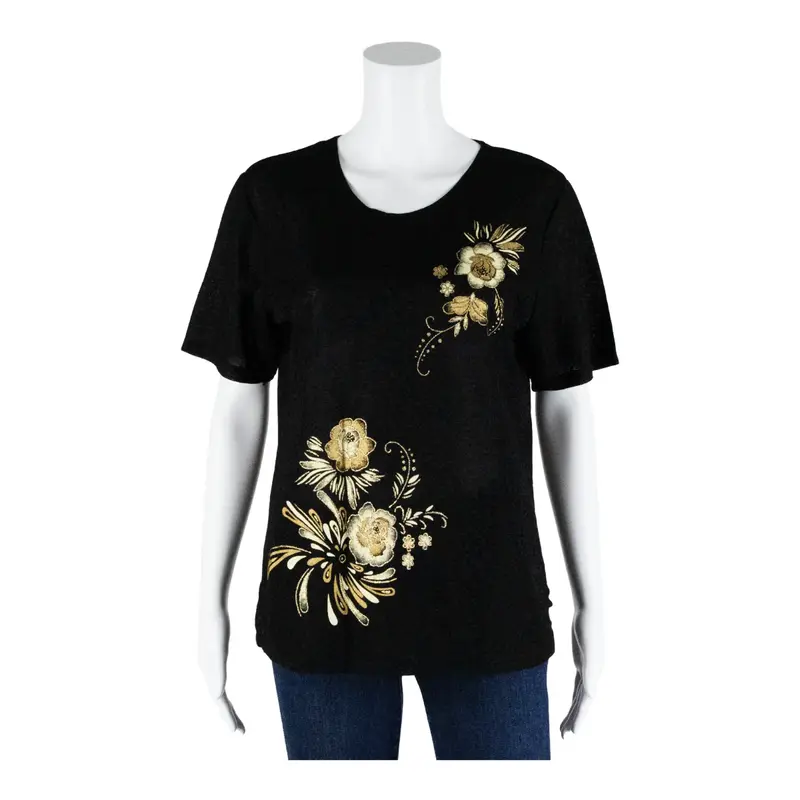 DMJ Sparkle Top Black Floral Short Sleeve Womens M