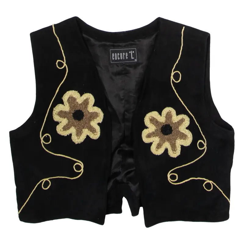 ENCORE L Womens Waistcoat Black Leather 90s Floral L
