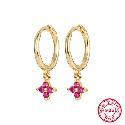 Real 18K Gold Plated 925 Sterling Silver Flower Dangle Hoop Earrings