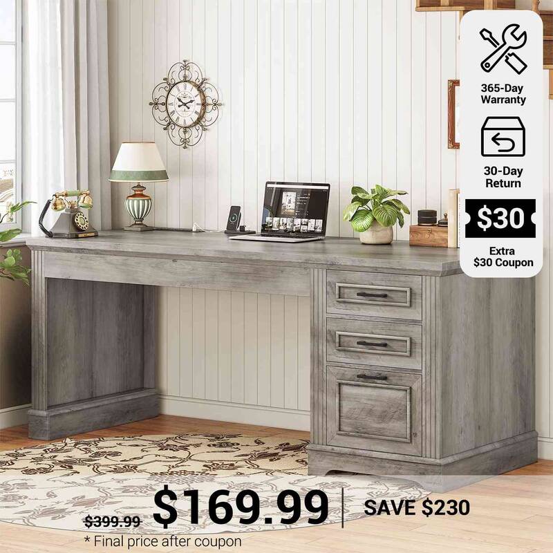 SEDETA 55 Inch Executive Computer Desk with 3 Drawers Power Outlet, Classical American Style Farmhouse Engineered Wood Table ...