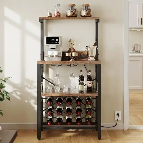 Yitahome Small Kitchen Microwave Bakers Stand Wine Rack, Wine Rack Freestanding Floor, Coffee Bar Storage with Power Outlet f...