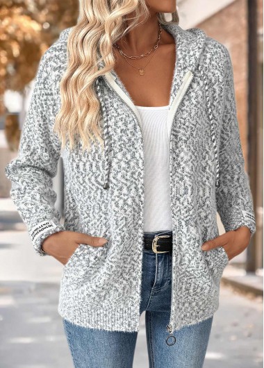Modlily Grey Tummy Coverage Geometric Print Long Sleeve Hooded Cardigan - S