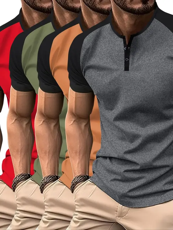 Men's Colorblock Raglan Sleeve Polo Shirt, Regular Fit Casual Streetwear Short Sleeve Round Neck Top, Men's Clothes for Daily...