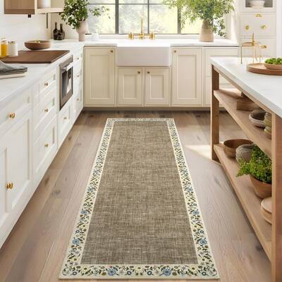 Garvee Bordered Taupe 2x6 Entryway Rug Floral Bordered Runner Washable Non-Slip Low-Pile Polyester Soft Cozy for Kitchen Hall...