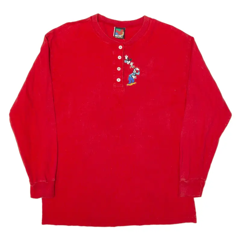 MICKEY UNLIMITED Mickey Mouse And Goofy Button Up T-Shirt Red 90s Long Sleeve Mens M