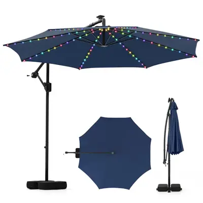 COSTWAY 10 Ft Solar Cantilever Patio Umbrella with Base Offset Hanging Outdoor Umbrella with 96 LED Lights 9 Modes Tilt Adjus...