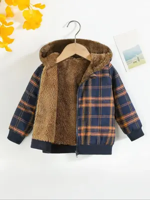 Boy's Plaid Print Zip Up Hooded Jacket Coat, Casual Long Sleeve Thermal Lined Outerwear for Fall & Winter, Kids Clothes for D...
