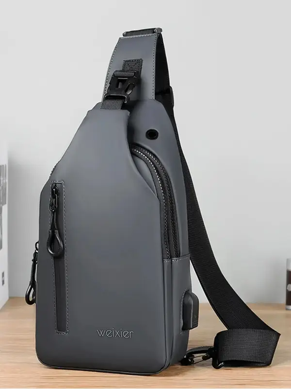 Men's Letter Printing Multifunction Fanny Pack As Gift, Zipper Buckle Shoulder Bag, with USB Port, Matching Oxford Sports Sli...