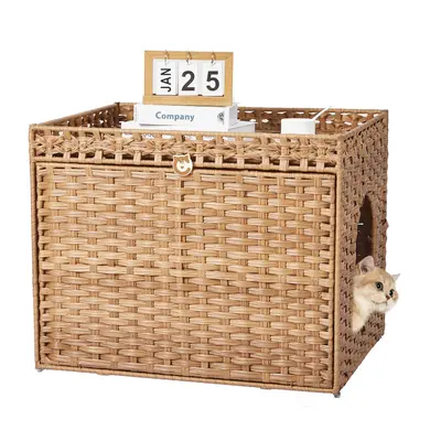 Garvee Handwoven Rattan Cat Litter Box Cabinet – Large Hidden Enclosure with Removable Mat and Fence – Stylish Boho Furni...