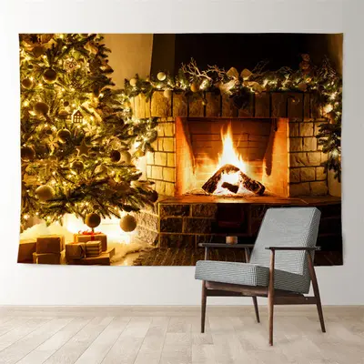 Aperturee Fireplace Xtmas Tree Warm Yellow Lights Backdrop