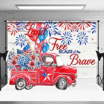 Wooden Wall Red Car Floral Usa Flag Balloon Backdrop
