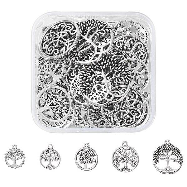 50Pcs 5 Styles Tibetan Style Alloy Pendants