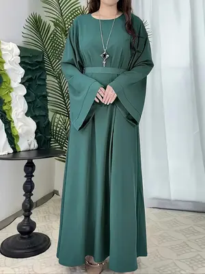 Women's Solid Color Round Neck Long Sleeve Dress, Elegant Fashion Casual Tie Back  Muslim Dress for Daily Outdoor Wear, Women...