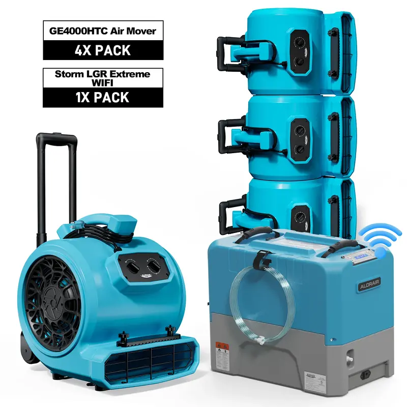 Alorair Commercial Water Damage Restoration Equipment, 1 x Storm LGR Extreme WIFI Dehumidifier, 4 x GE4000HTC Air Mover Combo...