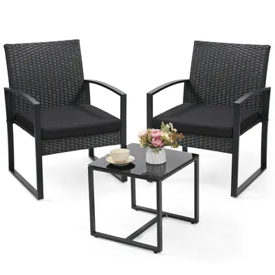 3 Piece Wicker Patio Bistro Set, Rattan Conversation Set with Tempered Glass Coffee Table for Balcony,Patio,Garden. Black...