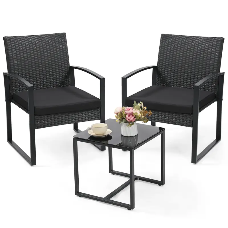 3 Piece Wicker Patio Bistro Set, Rattan Conversation Set with Tempered Glass Coffee Table for Balcony，Patio，Garden. Black...