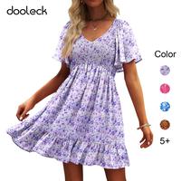 Dooleck 2025 Women's Cute Smocked V Neck Flutter Sleeve Mini Dress with Pockets Casual Flowy Summer Sundress for Comfort - Wo...