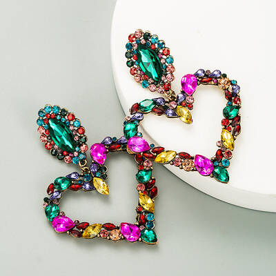 Rhinestone Heart Long Dangle Stud Earrings
