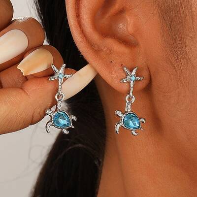 Starfish with Turtle Alloy Rhinestone Dangle Stud Earrings