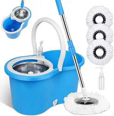 Spin Mop and Bucket Wrings Set with 3 Microfiber Refills, 61'' Adjustable & ExtendableStainless Steel Pole Rod Household Clea...