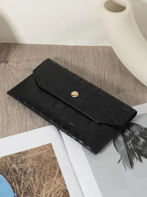 Women's Minimalist Plain Crocodile Embossed Long Wallet, Lightweight Long Wallet Credit Card Holder, Multifunctional Handbag ...