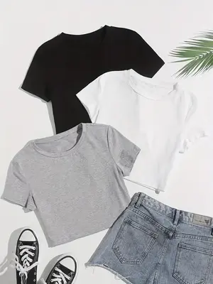 Women's Round Neck Short Sleeve Crop Tee, Solid Simple Comfy Crew Neck T-Shirt for Women, Summer Outfits 2024, Women's Top f...