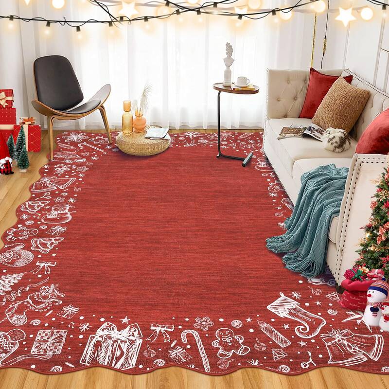 Garvee Christmas Area Rug Washable Scalloped Bedroom Carpet with Non-Slip Backing, Non-Shedding Low Pile Indoor Floor Carpet,...