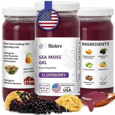Biolore Elderberry Sea Moss Gel – Wildcrafted Irish Sea Moss Superfood with Essential Nutrients for Immune Support – 16oz...