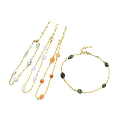 Natural Mixed Gemstone Nuggets Beaded Anklet with PVD Vacuum Plating 304 Stainless Steel Chains