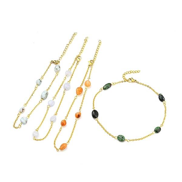 Natural Mixed Gemstone Nuggets Beaded Anklet with PVD Vacuum Plating 304 Stainless Steel Chains
